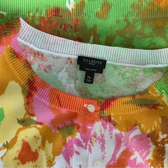 100% Pima Cotton Watercolor Cardigan Size M Petite‎ Floral Colorful 3/4 Sleeve - Picture 4 of 8